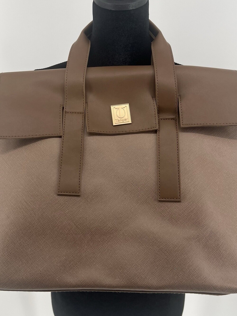Tanger large handbag tote two-tone brown gold logo (98-2)